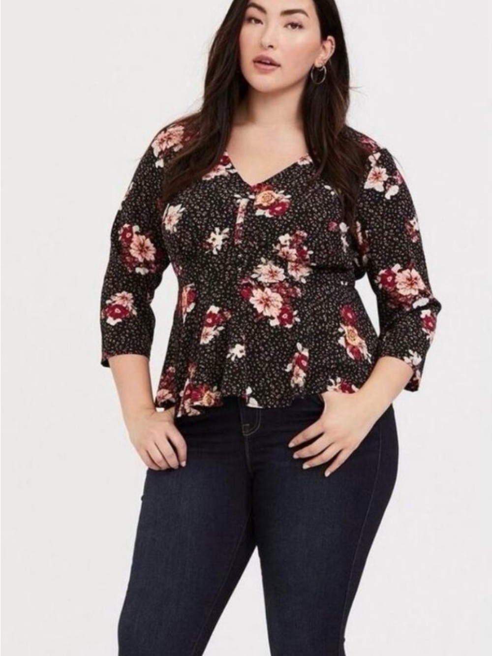 Torrid Black Floral Peplum Blouse with Pink & Cream Flowers
